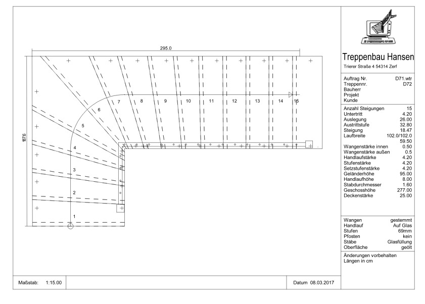 Technische Zeichnung einer Treppe von Treppenbau Hansen mit Maßen und Details zu Stufenanzahl, Ausführung, Materialien und Konstruktionsmerkmalen, sowie dem Firmenlogo im oberen rechten Bereich.